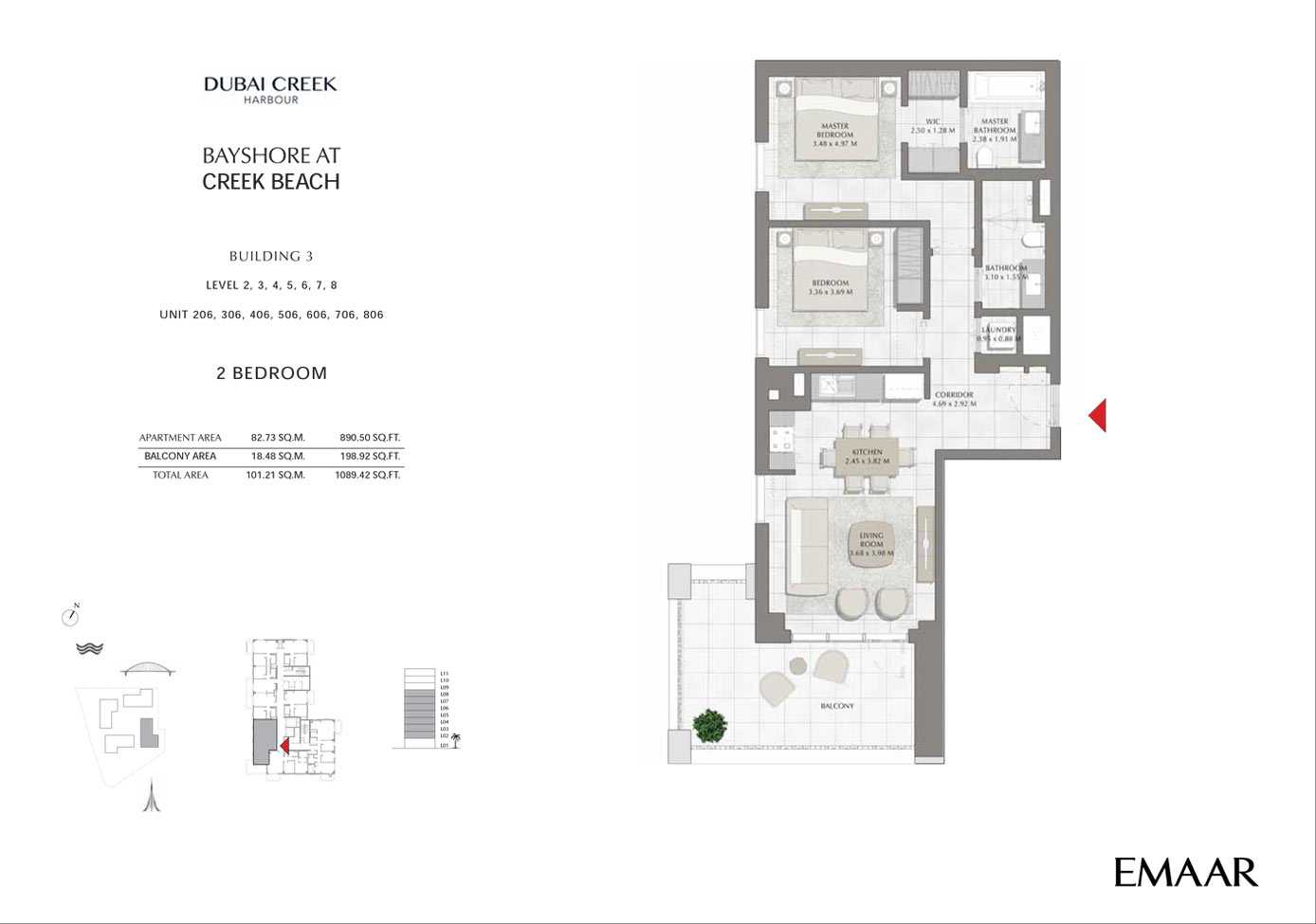 Building 3 - 2 Bedroom Level 2 to 8 Unit 206-306-406-506-606-706-806 , Size 1089 sq ft